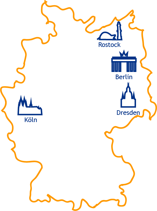 Die Standorte der IMTB: Berlin, Köln, Dresden und Rostock